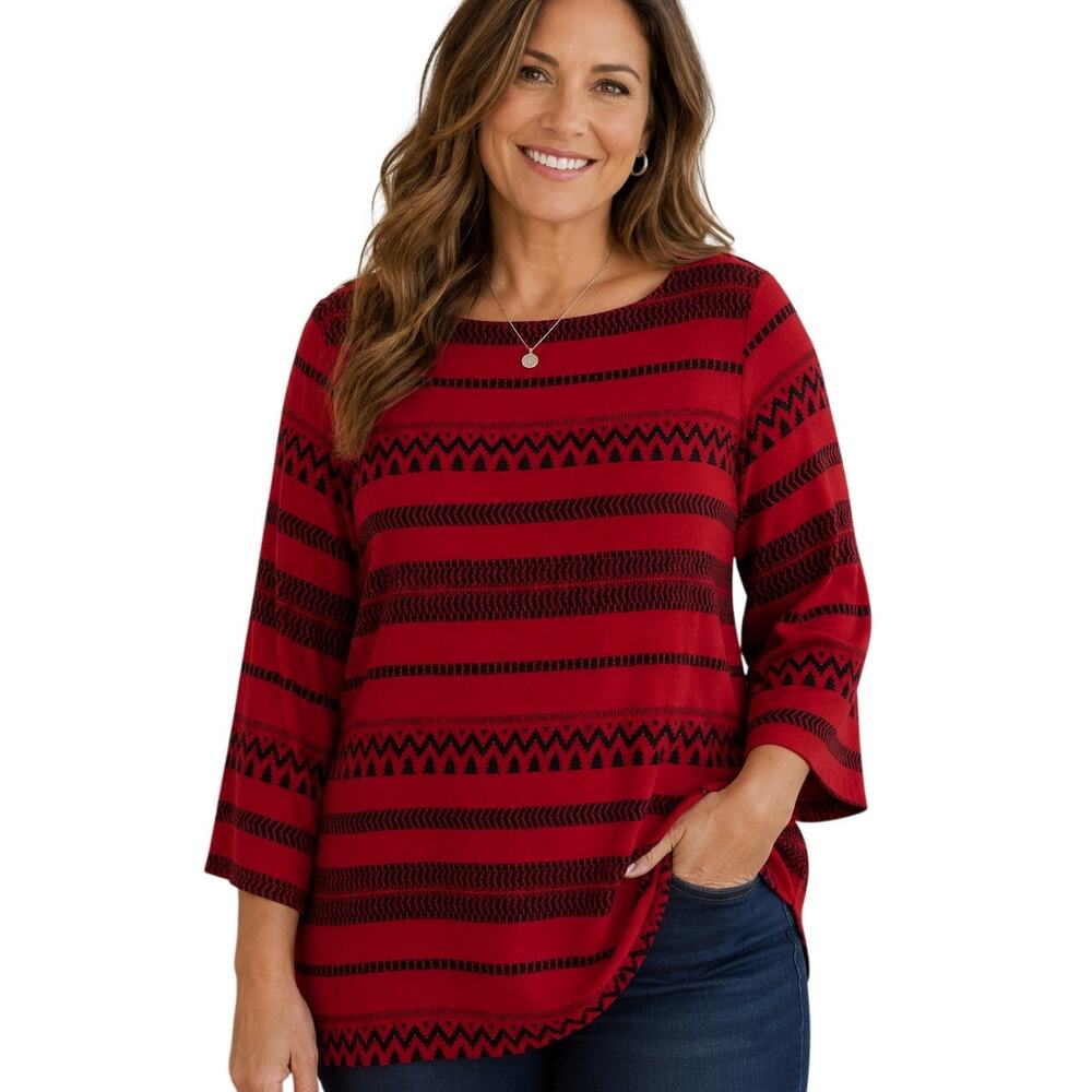 J. Jill Textured Aztec Sweater Tunic Womens Size 2X Red Black Ikat Boho Top